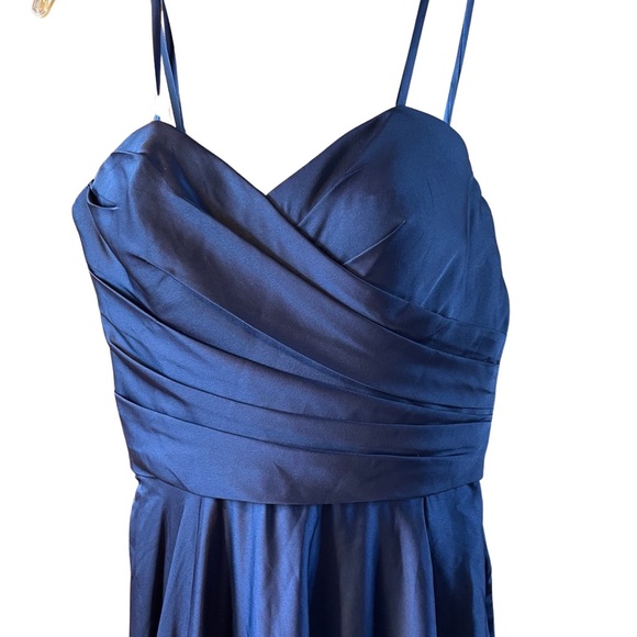 La Femme Navy Blue Strapless Slit Satin Ballgown - Picture 6 of 9